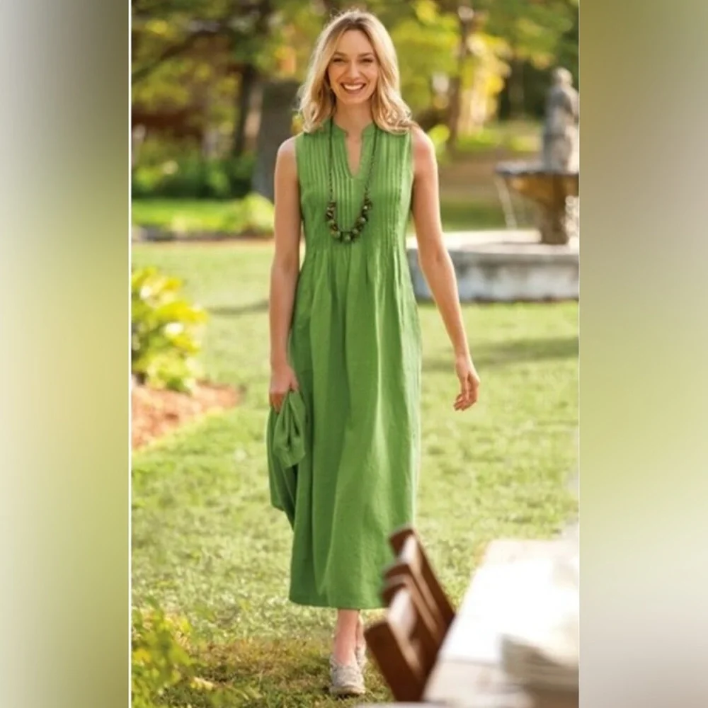 J. Jill Linen Pintuck Pleated Sleeveless Maxi Dress Apple Green Size M Lagenlook - Picture 2 of 10